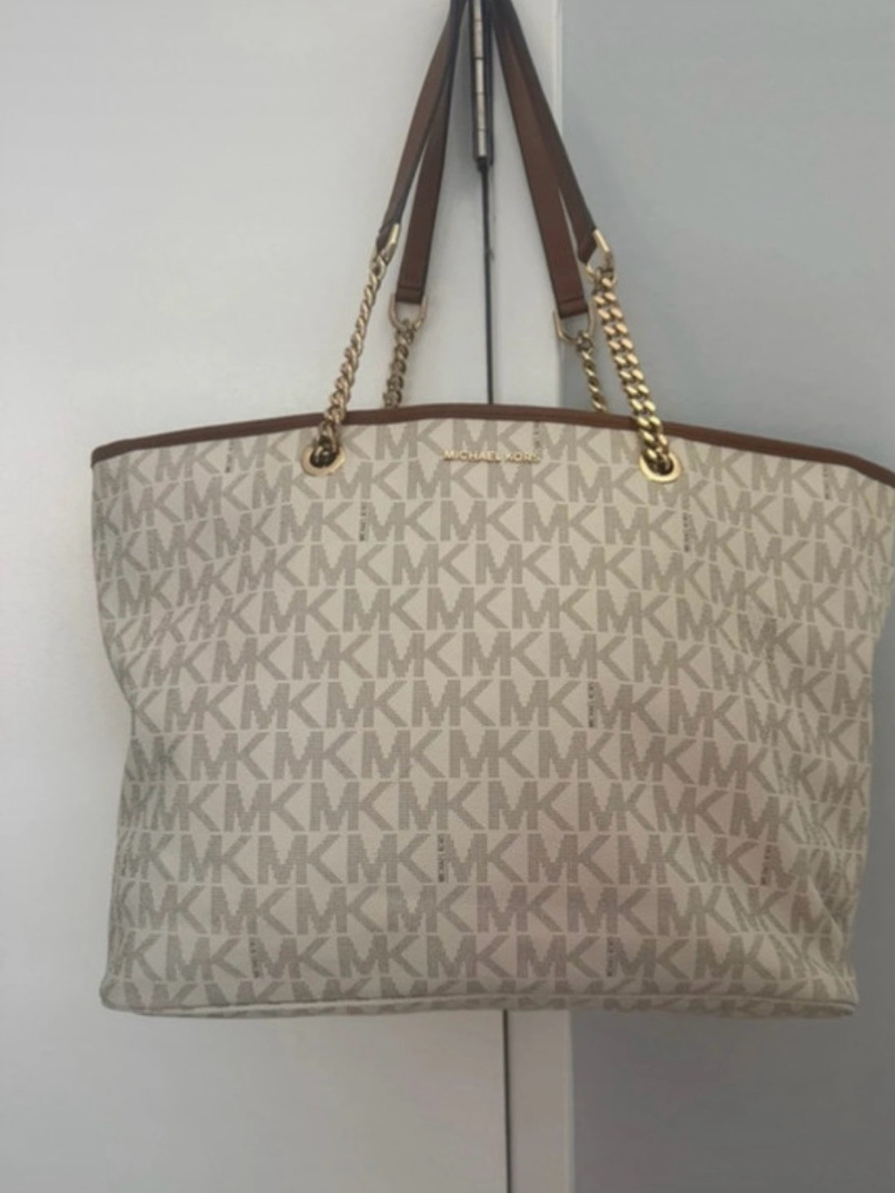 Michael Kors Beige and Brown MK Logo Chain-Handle Tote